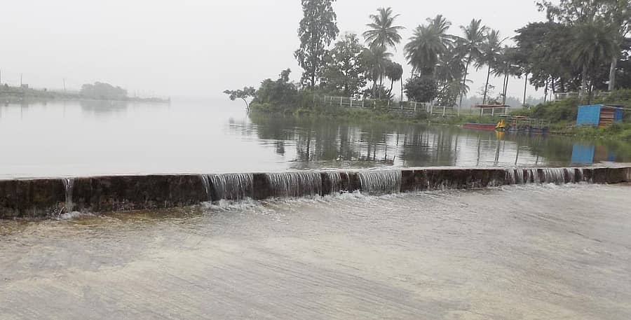 ಹಳೇಬೀಡಿನ ದ್ವಾರಸಮುದ್ರ ಕೆರೆ ಶುಕ್ರವಾರ ರಾತ್ರಿ ಭರ್ತಿಯಾಗಿ ಕೋಡಿ ಬಿದ್ದಿರುವುದು