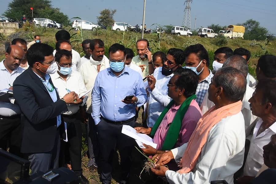 ಹುಬ್ಬಳ್ಳಿ ತಾಲ್ಲೂಕಿನ ಹೆಬಸೂರ ಗ್ರಾಮ ಹೊಲಕ್ಕೆ ಶುಕ್ರವಾರ ರೈತರು ಕೇಂದ್ರ‌ ಅಧ್ಯಯನ ತಂಡ ಭೇಟಿ ನೀಡಿ ಬೆಳೆ ಹಾನಿ ವೀಕ್ಷಿಸಿದರು.