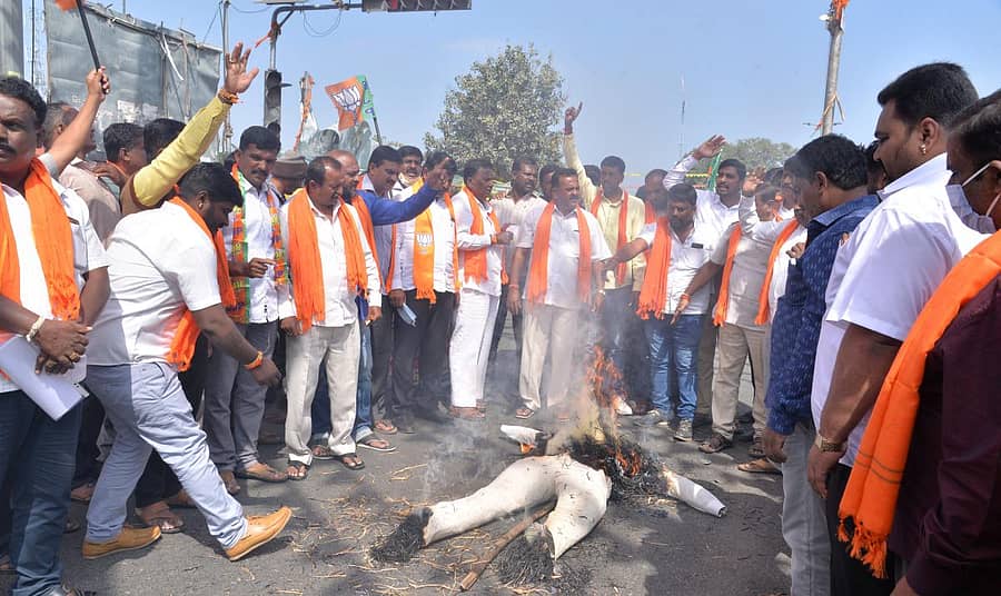 ರಾಮನಗರದಲ್ಲಿ ನಡೆದ ಅಂಬೇಡ್ಕರ್ ಮತ್ತು ಕೆಂಪೇಗೌಡರ ಪುತ್ಥಳಿ ಅನಾವರಣ ಕಾರ್ಯಕ್ರಮದಲ್ಲಿ ಕಾಂಗ್ರೆಸ್ ಸಂಸದ ಡಿ.ಕೆ.ಸುರೇಶ್ ತೋರಿದ ವರ್ತನೆ ಸರಿಯಿಲ್ಲ ಎಂದು ಆರೋಪಿಸಿ ಬಿಜೆಪಿ ಕಾರ್ಯಕರ್ತರು ಕೋಲಾರದಲ್ಲಿ ಮಂಗಳವಾರ ಅವರ ಪ್ರತಿಕೃತಿ ದಹಿಸಿ ಪ್ರತಿಭಟನೆ ಮಾಡಿದರು