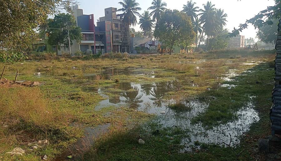 ಮಂಡ್ಯದ ಹೊಸಹಳ್ಳಿ ಬಡಾವಣೆಯಲ್ಲಿ ನಾಲೆ ನೀರು ಖಾಲಿ ನಿವೇಶನ ತುಂಬಿಕೊಂಡಿರುವುದು