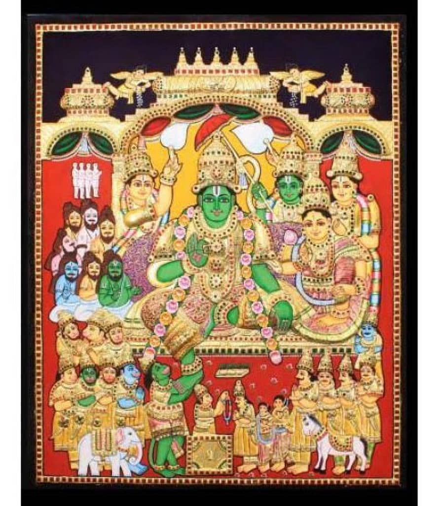 ಶೋಭಾ ಭಾರ್ಗವ್ ಅವರು ರಚಿಸಿದ ತಂಜಾವೂರು ಶೈಲಿಯ ಶ್ರೀರಾಮ ಪಟ್ಟಾಭಿಷೇಕ ವರ್ಣ ಚಿತ್ರ