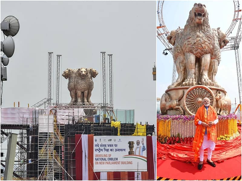 ಹೊಸ ಸಂಸತ್‌ ಭವನದ ಮೇಲೆ ಪ್ರತಿಷ್ಠಾಪಿಸಲಾದ ರಾಷ್ಟ್ರೀಯ ಲಾಂಛನ (ಪಿಟಿಐ) 