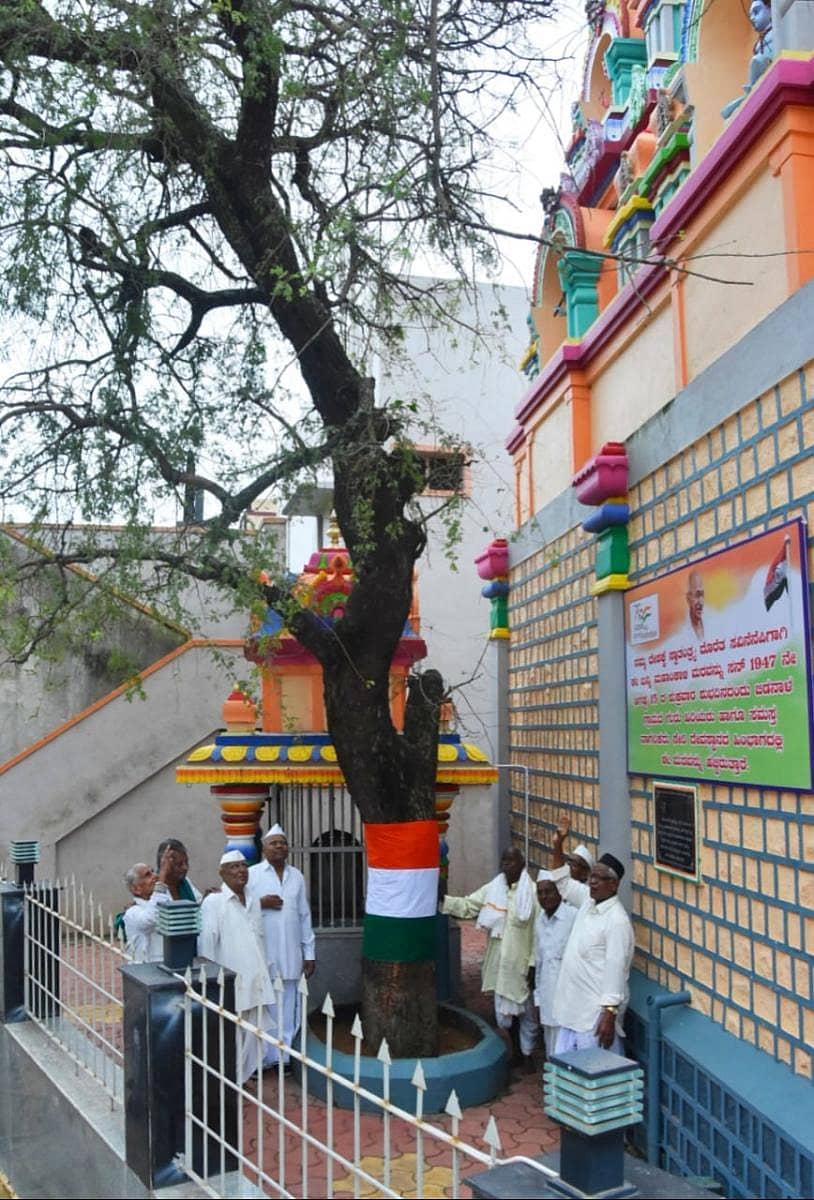 ಹುಬ್ಬಳ್ಳಿಯ ಬಿಡನಾಳದ ಮಾರುತಿ ದೇವಸ್ಥಾನದ ಆವರಣದಲ್ಲಿರುವ ತ್ರಿವರ್ಣ ಅಲಂಕೃತ ಬನ್ನಿ ಮರದ ಬಳಿ, 1947ರಲ್ಲಿ ಆ ಸಸಿಯನ್ನು ನೆಟ್ಟ ಕ್ಷಣಕ್ಕೆ ಸಾಕ್ಷಿಯಾದ ಹಿರಿಯರು