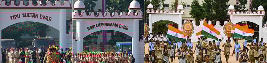 ನಗರದ ಮಾಣೆಕ್ ಶಾ ಮೈದಾನದಲ್ಲಿದ್ದ ಟಿಪ್ಪು ಸುಲ್ತಾನ ದ್ವಾರ ಮತ್ತು ಕಿತ್ತೂರು ರಾಣಿ ಚನ್ನಮ್ಮ ದ್ವಾರ (ಎಡಚಿತ್ರ). ಹೆಸರುಗಳನ್ನು ಅಳಿಸಿ ಹಾಕಿರುವ ದ್ವಾರಗಳು (ಬಲಚಿತ್ರ)