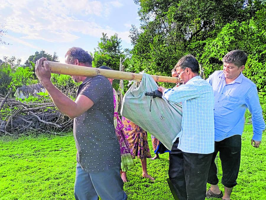 ಕಳಸ ಸಮೀಪದ ಗಂಟೆಮಕ್ಕಿಯ ಗಿರಿಜನ ವೃದ್ಧೆಯನ್ನು ಭಾನುವಾರ ಜೋಳಿಗೆಯಲ್ಲಿ ಹೊತ್ತುಕೊಂಡು ಆಸ್ಪತ್ರೆಗೆ ಕರೆದುಕೊಂಡು ಹೋಗುತ್ತಿರುವುದು.