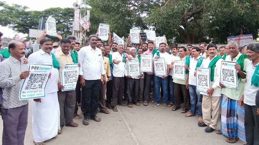 ರೈತರ ಬೆಳೆಗಳಿಗೆ ವೈಜ್ಞಾನಿಕ ಬೆಲೆ ನಿಗದಿ ಮಾಡಬೇಕು ಎಂದು ಒತ್ತಾಯಿಸಿ ರೈತಸಂಘದ ಸದಸ್ಯರು ಸೋಮವಾರ ‘ಪೇ ಫಾರ್ಮರ್‌’ ಅಭಿಯಾನ ಆರಂಭಿಸಿದರು