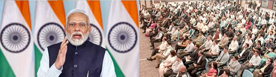 ಪ್ರಧಾನಿ ನರೇಂದ್ರ ಮೋದಿ ಅವರು ವಿಡಿಯೊ ಕಾನ್ಫರೆನ್ಸ್ ಮೂಲಕ ಜಿ–20 ಗುಂಪಿನ ಲಾಂಛನ ಬಿಡುಗಡೆ ಮಾಡಿ ಮಾತನಾಡಿದರು–ಪಿಟಿಐ ಚಿತ್ರ