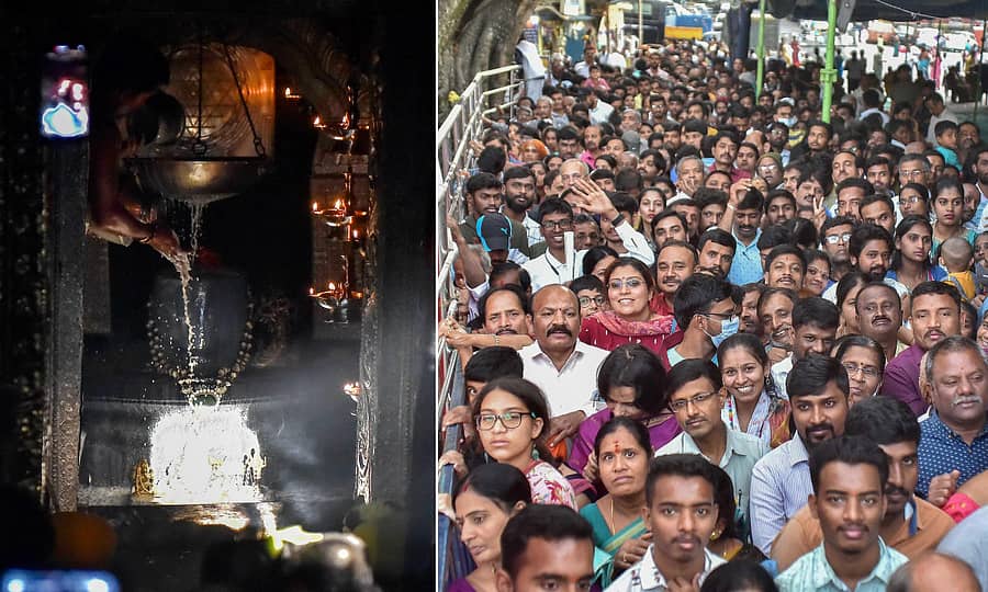 ಗವಿಗಂಗಾಧರೇಶ್ವರ ದೇವಸ್ಥಾನದ ಶಿವಲಿಂಗದ ಮೇಲೆ ಸೂರ್ಯರಶ್ಮಿ ಬೀಳುವ ಸಮಯದಲ್ಲಿ ಹಾಲಿನ ಅಭಿಷೇಕ ನೆರವೇರಿಸಲಾಯಿತು. ಭಕ್ತಾಧಿಗಳು ದೇವರ ದರ್ಶನ ಪಡೆದುಕೊಂಡರು. -ಪ್ರಜಾವಾಣಿ ಚಿತ್ರ