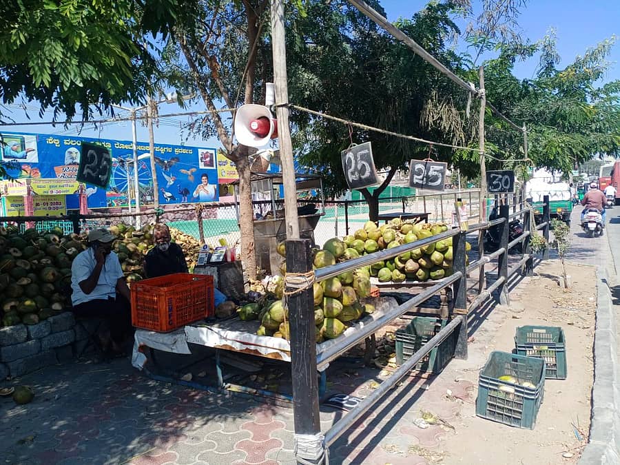 ರಾಯಚೂರಿನ ಎಲ್‌ಐಸಿ ಕಚೇರಿ ಎದುರು ಬೀದಿಪಕ್ಕದಲ್ಲಿ ಎಳನೀರು ವ್ಯಾಪಾರಿಗಳು ಜನರ ಗಮನ ಸೆಳೆಯಲು ದರಫಲಕ ನೇತುಹಾಕಿ, ಧ್ವನಿವರ್ಧಕ ಅಳವಡಿಸಿದ್ದಾರೆ.