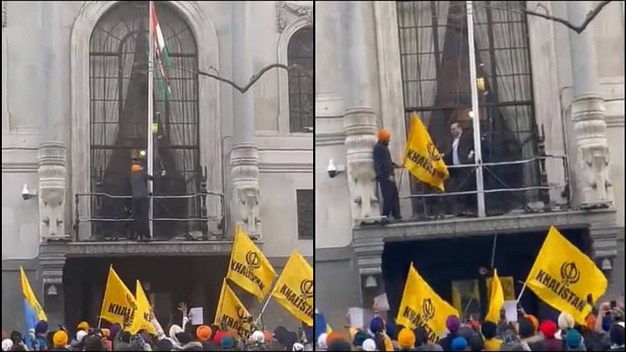 ಬ್ರಿಟನ್‌ನ ಭಾರತೀಯ ಹೈಕಮಿಷನ್‌ ಕಚೇರಿಯಲ್ಲಿ ಖಾಲಿಸ್ತಾನಿ ಪ್ರತಿಭಟನಾಗಾರ ತ್ರಿವರ್ಣ ಧ್ವಜ ಕೆಳಗಿಸಿ ಖಾಲಿಸ್ತಾನಿ ಧ್ವಜ  ನೆಡುತ್ತಿರುವುದು 