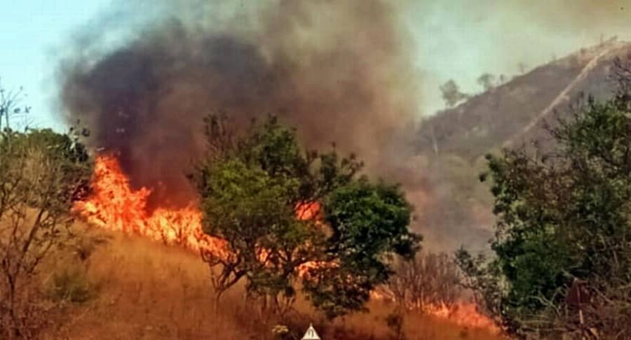 ಶ್ರೀರಂಗಪಟ್ಟಣ ತಾಲ್ಲೂಕಿನ ಕರಿಘಟ್ಟ ಮೀಸಲು ಅರಣ್ಯಕ್ಕೆ ಬೆಂಕಿ ಬಿದ್ದು ಧಗಧಗನೆ ಉರಿಯುತ್ತಿರುವುದು (ಎಡಚಿತ್ರ). ಹಲಗೂರು ಸಮೀಪದ ಶಕುನಿದೊಡ್ಡಿ ಬಳಿ ಸಾಗುವಳಿ ಜಮೀನಿನ ಬಳಿ ಸಾಮಾಜಿಕ ಅರಣ್ಯ ವಲಯದ ಕುರುಚಲು ಕಾಡು ಬೆಂಕಿಗೆ ಅಹುತಿಯಾಗಿರುವುದು