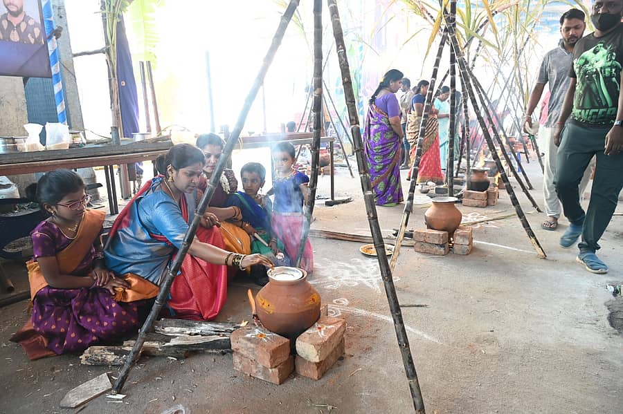 ಪೊಂಗಲ್ ತಯಾರಿಸುವಲ್ಲಿ ನಿರತವಾಗಿರುವ ಮಹಿಳೆ: ಚಿತ್ರ ದಿನೇಶ್