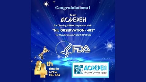 मोरेपेन लैब्स की मैन्युफैक्चरिंग इकाई ने ऐतिहासिक रिकॉर्ड बनाते हुए लगातार चौथी बार यूएसएफडीए निरीक्षण बिना किसी प्रतिकूल टिप्पणी के सफलतापूर्वक पास किया।