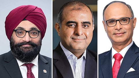 Alt="Indian Oil CMD Arvindar Singh Sahney (from left); HPCL CMD Vikas Kaushal and BPCL CMD Sanjay Khanna"