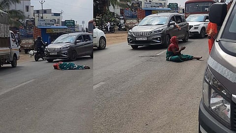 पुणे-नाशिक महामार्गावर भररस्त्यात झोपून मद्यधुंद महिलेचा धिंगाणा