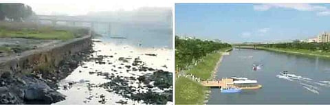 पहिल्या छायाचित्रात मुठा नदीची सध्याची अवस्था तर दुसऱ्या छायाचित्रात जायका प्रकल्प पूर्ण झाल्यानंतरच्या स्थितीचे स्वप्न