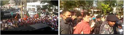 महापालिकेच्ाया गेटवर प्रचंड घोषणाबाजीकरताना भाजप कार्यकर्ते. दुसऱ्या छायाचित्रात पोलिसांच्या गराड्यात महापालिकेत दाखल होताना किरीट सोमय्या 