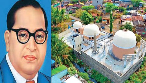 आरग (ता. मिरज) ः येथे सुरू असलेले डॉ. बाबासाहेब आंबेडकरांच्या स्मारकाचे काम. 