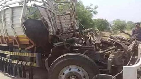 म्हशींनी भरलेला ट्रक लोखंडी सळ्यांनी भरलेल्या ट्रकला धडकला; २ व्यक्तींसह १२ म्हशी ठार