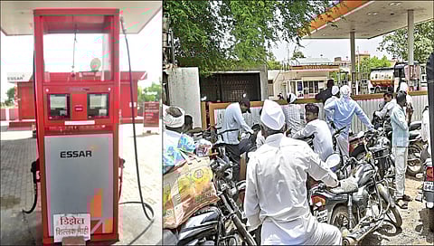 मालेगाव : मालेगाव- नामपूर रस्त्यावरील पंपावर झळकलेला डिझेल शिल्लक नसल्याचा फलक; दुसर्‍या छायाचित्रात सटाणा-मालेगाव रस्त्यावरील पंपावर पेट्रोल टँकर खाली होत असताना बाहेर वाहनधारकांच्या लागलेल्या रांगा.                   ( छाया : सुदर्शन पगार)