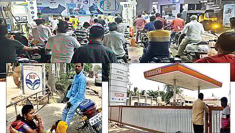 नाशिक : मालेगावला  पेट्रोलपंपचालकांच्या आंदोलनामुळे कमालीचा इंधन तुटवडा निर्माण झाला असून, जिथे पेट्रोल मिळेल तिथे अशी तौबा गर्दी होत आहे. तर सटाणा येथे दुचाकीतील पेट्रोलही संपले आणि पंपावर ते शिल्लक नाही, अशा बिकट प्रसंगी पंपाबाहेरच विचारात पडलेले एक कुटुंब. तसेच पेट्रोल केव्हा येणार, अशी विचारणा करणारा वाहनचालक.              (छाया: सुरेश बच्छाव/सुदर्शन पगार))