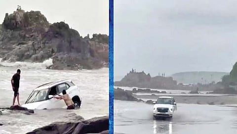 वागातोर ः येथील किनार्‍यावर अशा प्रकारे कार अडकली होती.