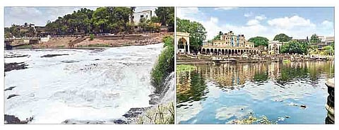 आळंदी देवाची येथील सिद्धबेट बंधारा रासायनिक प्रदूषित पाण्याने फेसाळला आहे. दुसर्‍या छायाचित्रात इंद्रायणी घाट काळ्या, प्रदूषित पाण्याने व्यापला आहे.