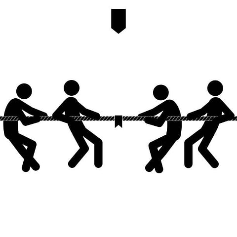 Set of stick figures tug of war on a white background. Flat style, vector illustration.