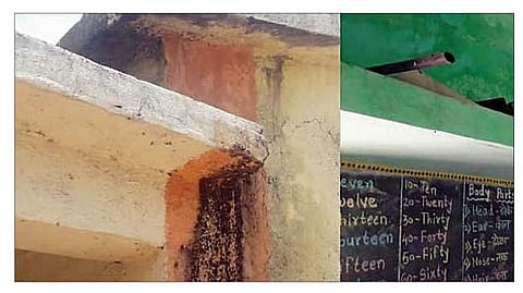 वाळकी : गुंडेगाव येथील जिल्हा परिषद शाळेच्या इमारतीला गेलेले तडे व गळणारी इमारत. (छाया : ज्ञानदेव गोरे)