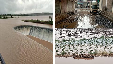 पिंपळनेर : मुसळधारेमुळे नवापाडा येथील तुडुंब भरलेले डकबीन धरण. अनेक भागांतील शेतांमध्ये पुराचे पाणी घुसल्याने पीके पाण्याखाली गेले आहेत. तर ठिकठिकाणी पाणी साचल्याने नागरिकांचे दळणवळण ठप्प झाले आहे. (छाया: अंबादास बेनुस्कर).