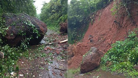 रत्नागिरी : माखजन येथे मुसळधार पावसाने शिरंबे-पुऱ्ये मार्गावर दरड कोसळली, आठ तासांनंतर वाहतूक सुरळीत