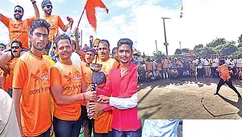 मालेगाव : शहरात दाखल झालेल्या आग्रा ते राजगड गरुडझेप मोहिमेतील शिवज्योतीचे स्वागत करताना हिंदू-मुस्लिम नागरिक. दुसर्‍या छायाचित्रात चित्तथरारक साहसी खेळांचे प्रात्यक्षिक पाहण्यासाठी झालेली गर्दी.