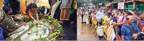 भीमाशंकर मंदिर व पवित्र शिवलिंग. दुसर्‍या छायाचित्रात दर्शनरांगेतील भाविक. (छाया : अशोक शेंगाळे)