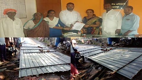 सातपूर : महादेववाडीमधील घराचे झालेले नुकसान झाल्याने नुकसानभरपाईसाठी विभागीय अधिकारी यांना निवेदन देताना योगेश गांगुर्डे, सुनील मौले, जिभाऊ धिवरे आदी. (छायाचित्र : सागर आनप)