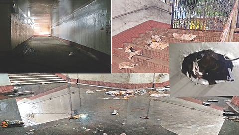 जुने नाशिक : द्वारका येथील भुयारी मार्गाची झालेली दुरवस्था झाली असून, ठिकठिकाणी साचलेला कचरा. (छाया : अब्दुल कादिर)