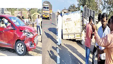 दातली : महामार्गावर समोरच्या वाहनांचा अंदाज न आल्याने अपघात झालेला टेम्पो. तर दुस-या छायाचित्रात अपघातग्रस्त चारचाकी.