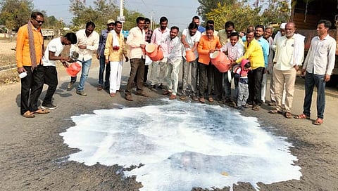 हिंगोली : पीकविम्यासाठी स्वाभिमानीचे आंदोलन सुरुच, गोरेगाव येथे रस्त्यावर दूध ओतून केला निषेध