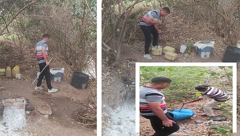 देवळा : कांचने हनुमंत पाडा येथे गावठी दारू अड्डे उद्धवस्त करतांना सहायक पोलीस निरीक्षक पुरुषोत्तम शिरसाठ आदी. (छाया -सोमनाथ जगताप )