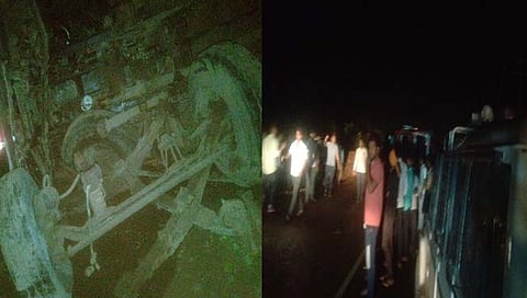 विटांनी भरलेला ट्रक उलटला  