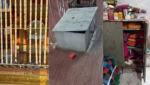 देवळा : येथील दुर्गा माता व स्वामी समर्थ मंदिरात चोरट्यांनी फोडलेली दान पेटी व अस्ताव्यस्त केलेले सामान. (छाया ; सोमनाथ जगताप)