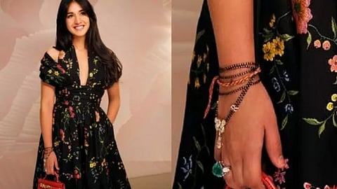 radhika merchant wore her mangalsutra as a bracelet with dior floral deep neck black dress