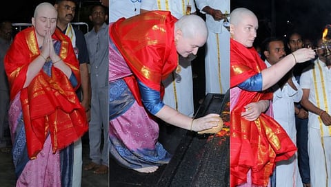 pawan kalyan russian wife shaved her head after her son recovery first photo from tirumala