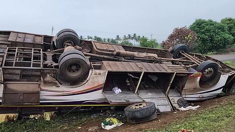 Private Bus Overturns  Pune Solapur Highway  
