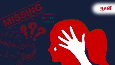 An illustration with a dark blue background depicting a red silhouette of a woman's head in profile, crying, with a white hand placed over her ear/side of her head. To the left, red text reads "MISSING" with a strike through it, above large red question marks. Below these are a red folder labeled "EVIDENCE" and a red magnifying glass.The overall image suggests a missing person or kidnapping case with elements of violence or distress.