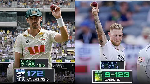 ashes series 2025 perth test day first 19 wickets mitchell starc hard spell ben stokes counterattack