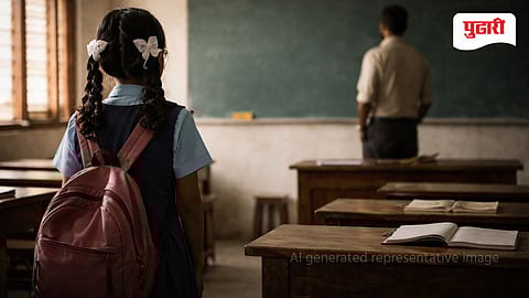 A young Indian schoolgirl in a navy-blue uniform standing inside a modest classroom, shown from behind with a school bag, while a male teacher stands at a distance near the blackboard. Faces are not visible. The classroom has wooden benches and natural daylight, symbolizing a serious school-related issue.
