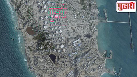 एका उपग्रह प्रतिमेमध्ये इराणमधील खर्ग बेटावरील तेल निर्यात केंद्र. 