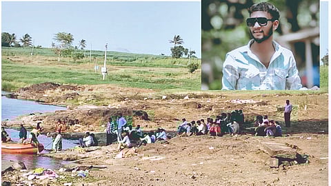 नवे पारगाव : वारणा नदीत तरुण बुडल्यानंतर शनिवारी दिवसभर नदीकाठावर नातेवाईक बसून होते. इन्सेटमध्ये संकेत कांबळे.