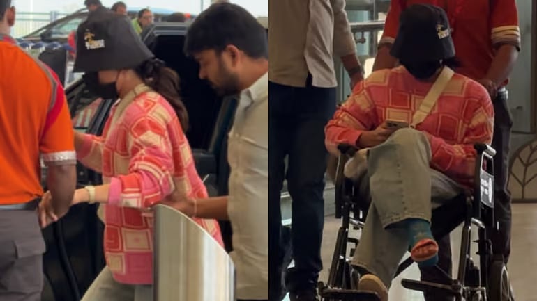 சாவா ட்ரைலர் வெளியீட்டு விழாவில் காயத்தோடு கலந்துகொண்ட ராஷ்மிகா / rashmika mandanna attends chhaavva movie pooja with her injured leg