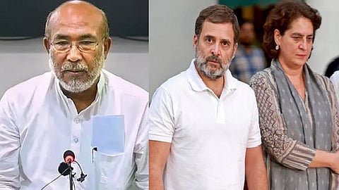 rahul and priyanka gandhi react on manipur cm resign